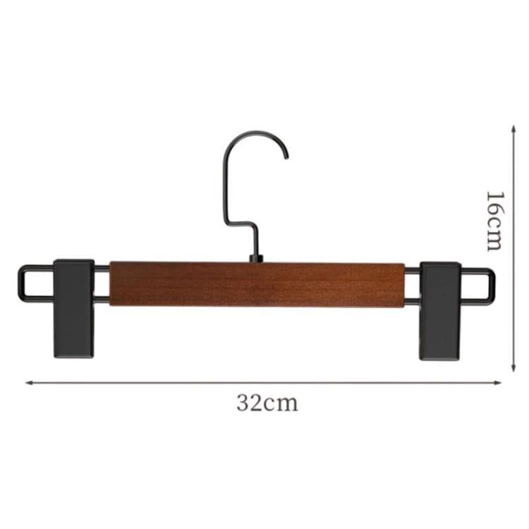 Wooden pants hanger with black adjustable clamps and U hook; 32 cm length