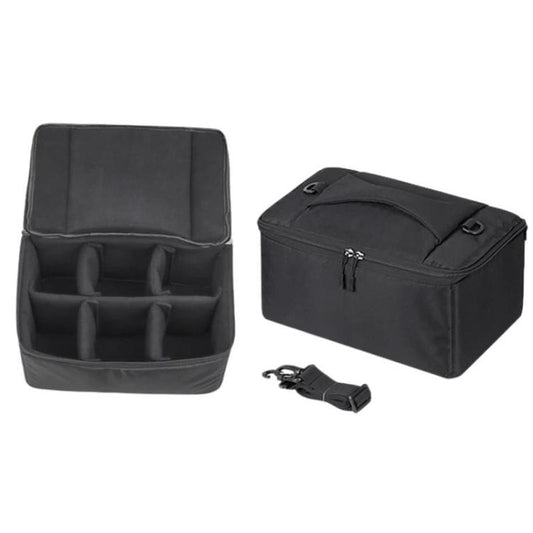Black fishing reel storage bag with molded interior compartments and side zipper pouch