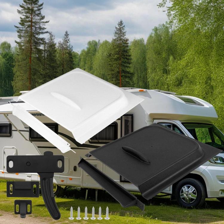 RV door lock UV cover kit with open white and black panels and black handle