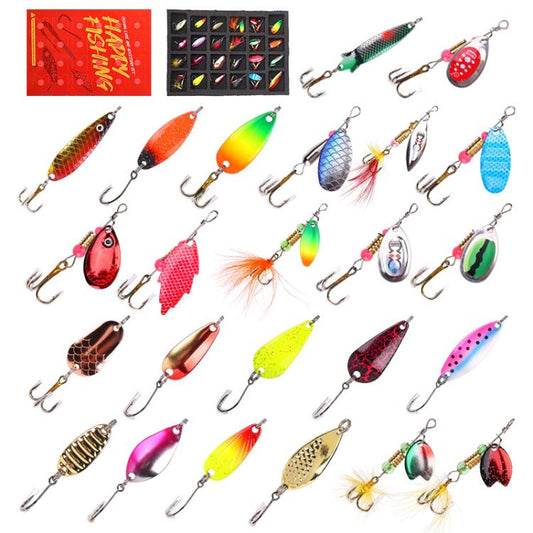 Assorted flashbait fishing lures set with triple hooks, 24-piece box assortment