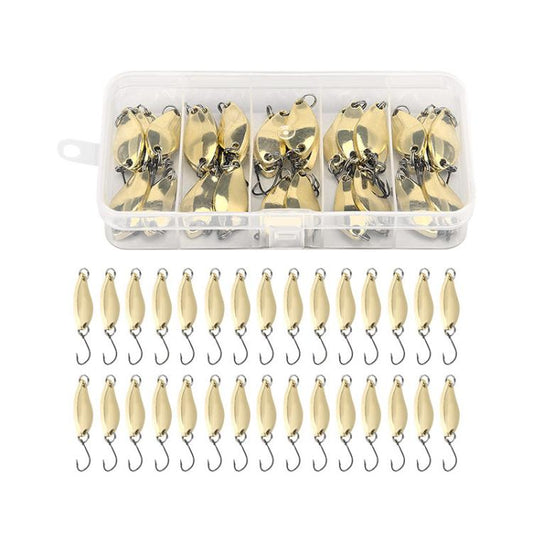 Gold spinner lure set, 30 pieces, with treble hooks laid out in two rows