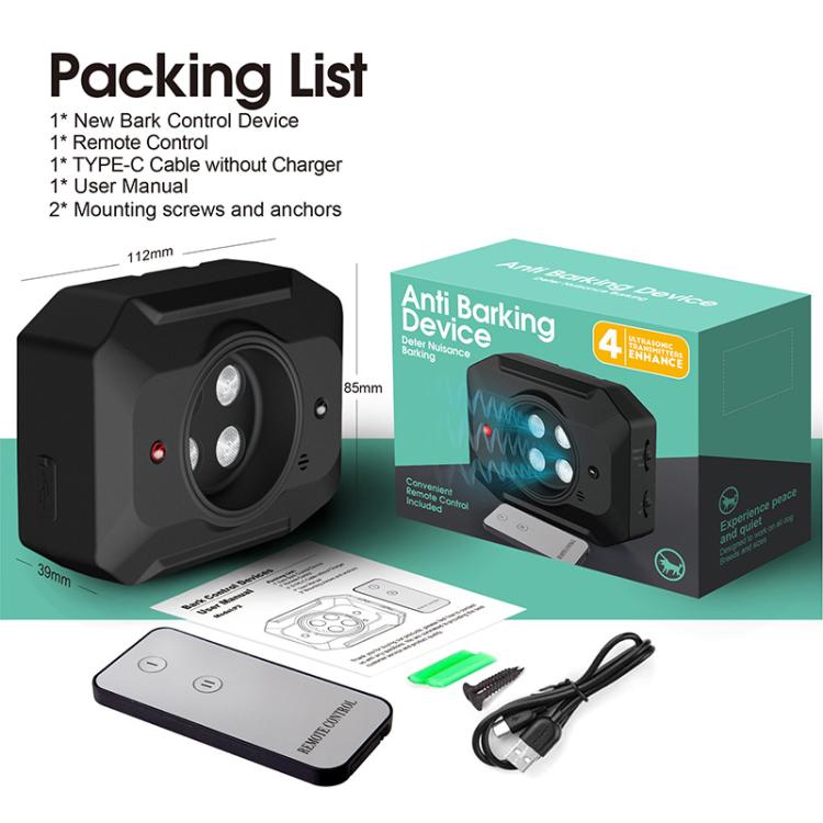 Ultrasonic bark suppressant device kit in box with remote control and charging cable