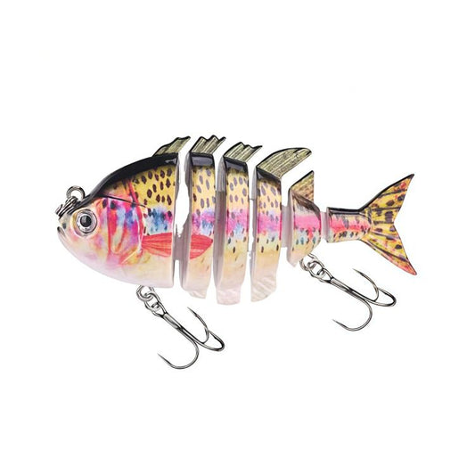 Multi-color 6-segment hard fishing lure with clear lip and treble hooks