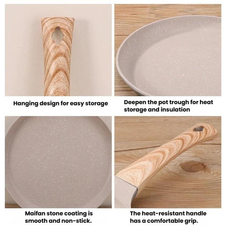 Nonstick frying pan with speckled interior and heat-resistant wood handle