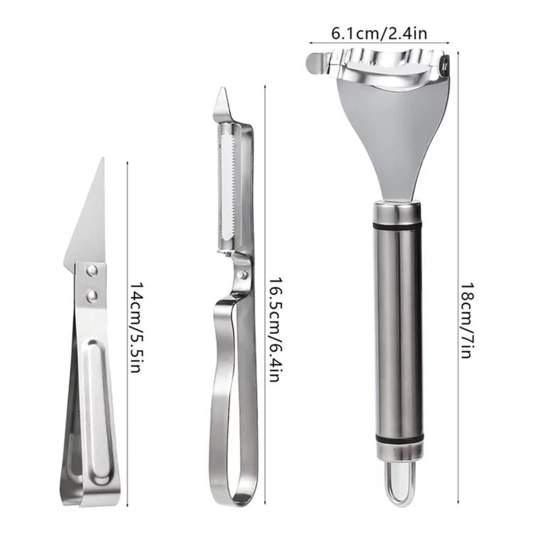 Stainless steel peeler and grater set dimensions diagram with three pieces