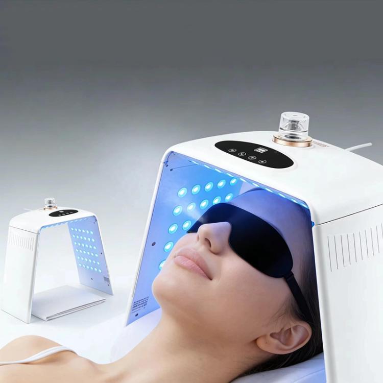 Foldable white LED facial light therapy device with head visor and control panel