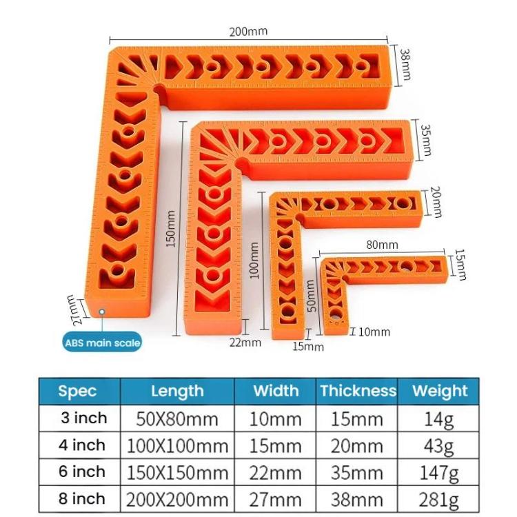 Orange plastic L-corner positioning bracket, ABS scale for stitching fixes.