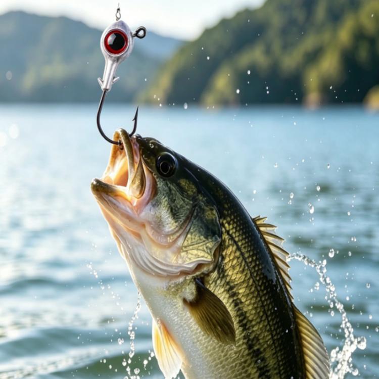 Jig head fishing hook with red eye attached to a caught fish in the water