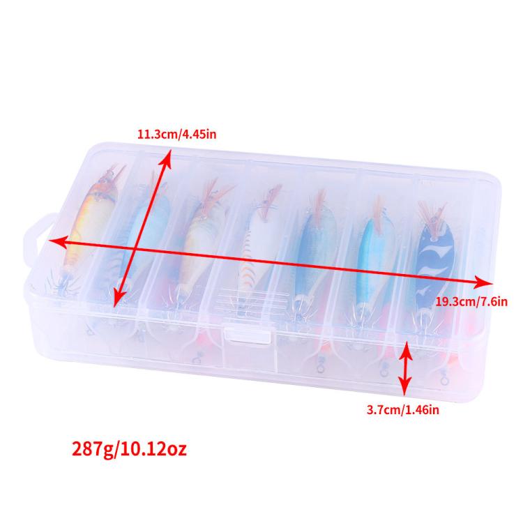 Transparent lure storage box with multiple jigs and printed size dimensions