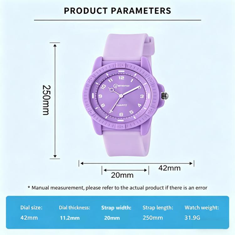 Purple quartz analog wrist watch with silicone strap and round dial