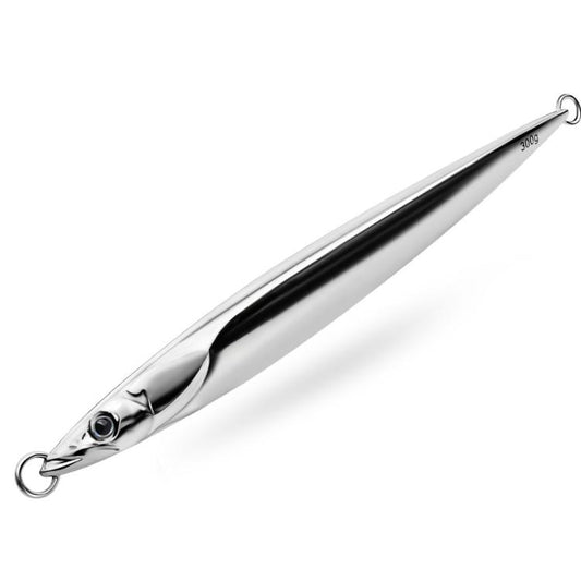 Vertical sinking jig lure in mirror silver with dark stripe and attached split-ring hook.