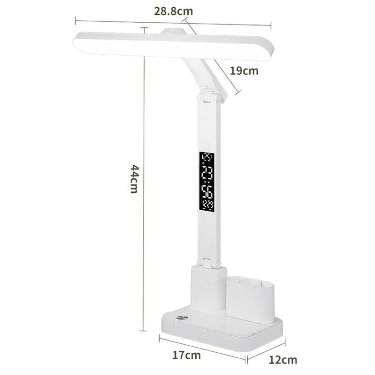 White LED desk lamp with adjustable height arm, compact base, and labeled dimensions