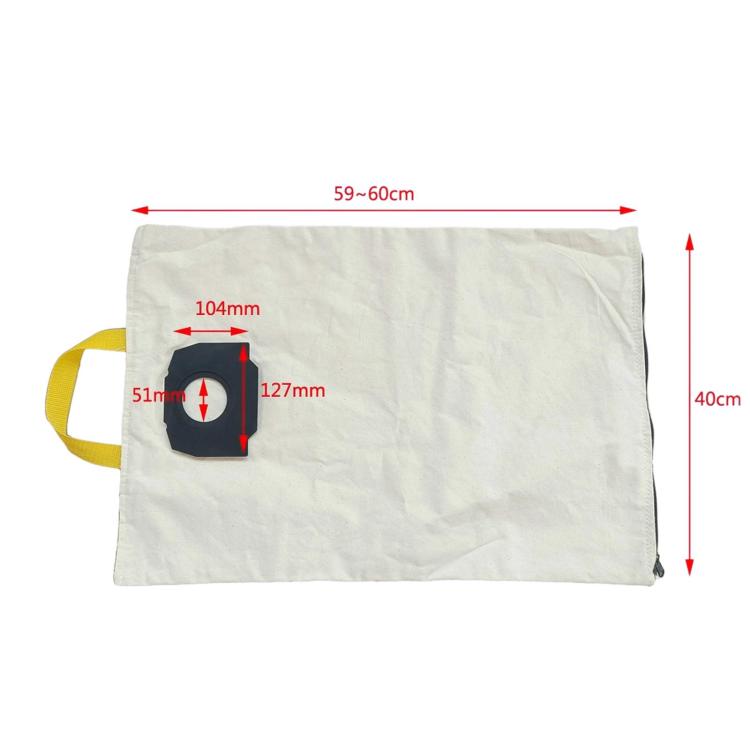 White vacuum dust bag filter with size diagram markings and circular inlet port opening