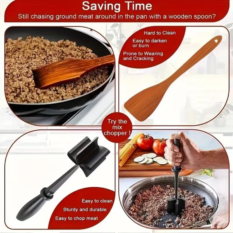 Black handheld meat mincer tool with wide chopper head and long handle