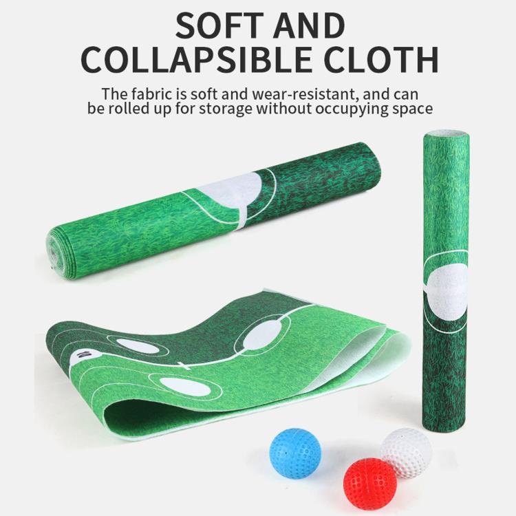 Collapsible kids golf putting practice mat rolled up with target holes and practice balls