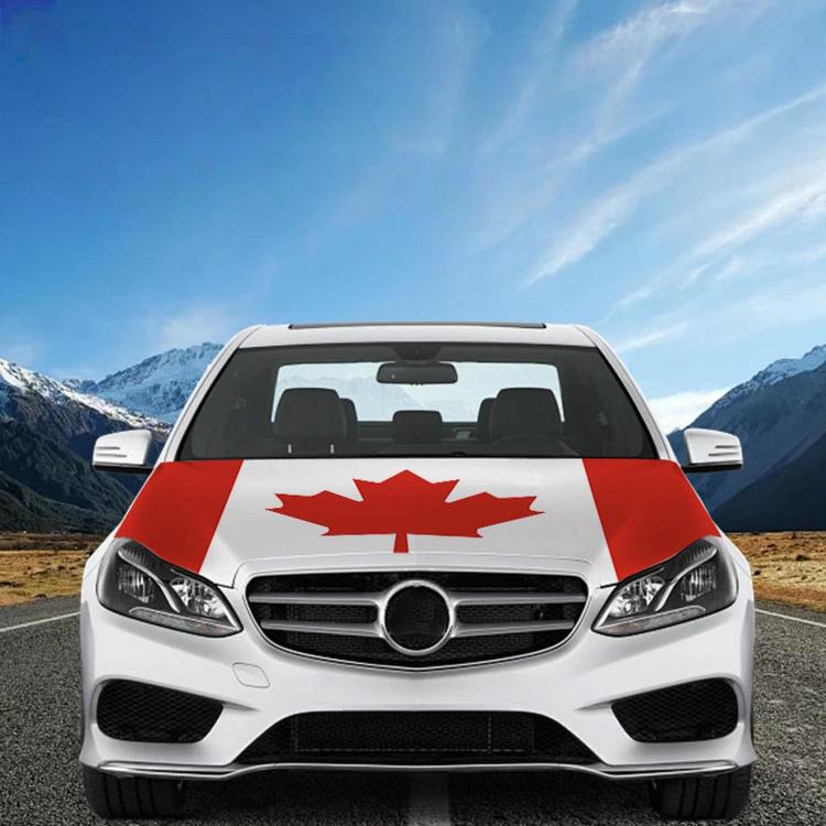 Canada flag car cover on front of car, red stripe with white maple leaf