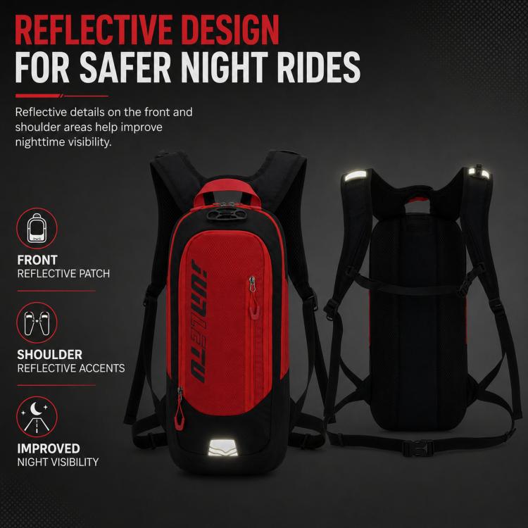 Red and black reflective running backpack with front patch and shoulder reflective accents