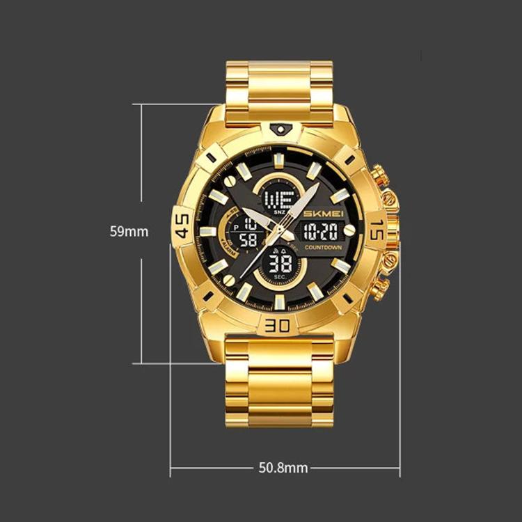Gold dual-display sports watch with black dial and thick gold bezel
