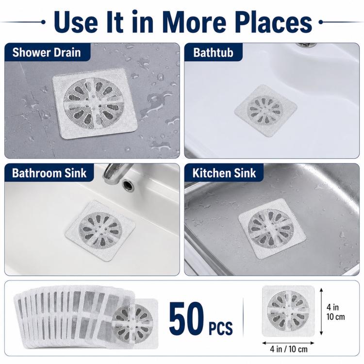 Set of 50 white square mesh drain hair catcher stickers for multiple drains