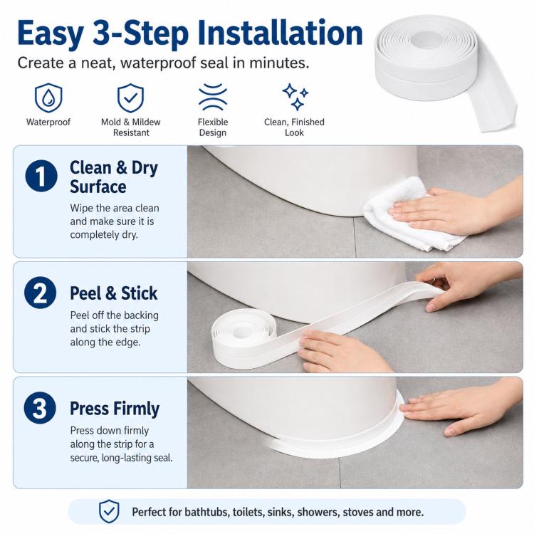 White self-adhesive caulk strip tape roll on tiled surface, easy 3-step use