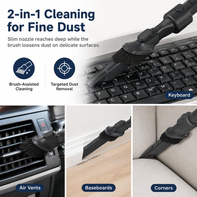 2-in-1 crevice and dusting vacuum nozzle attachment for fine dust