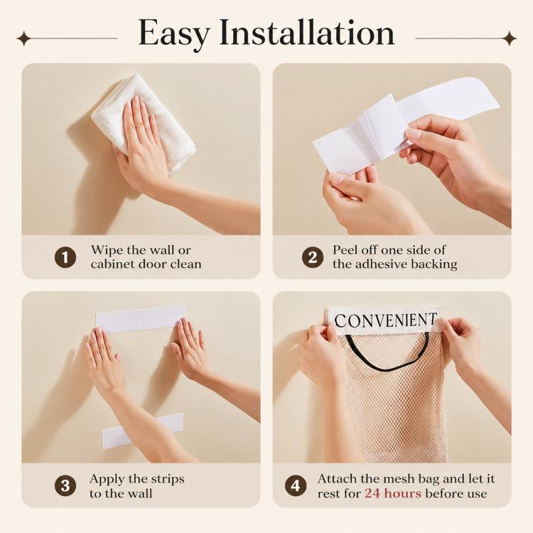 Wall-mount mesh bag holder installation with adhesive strips and hook-and-loop attachment.