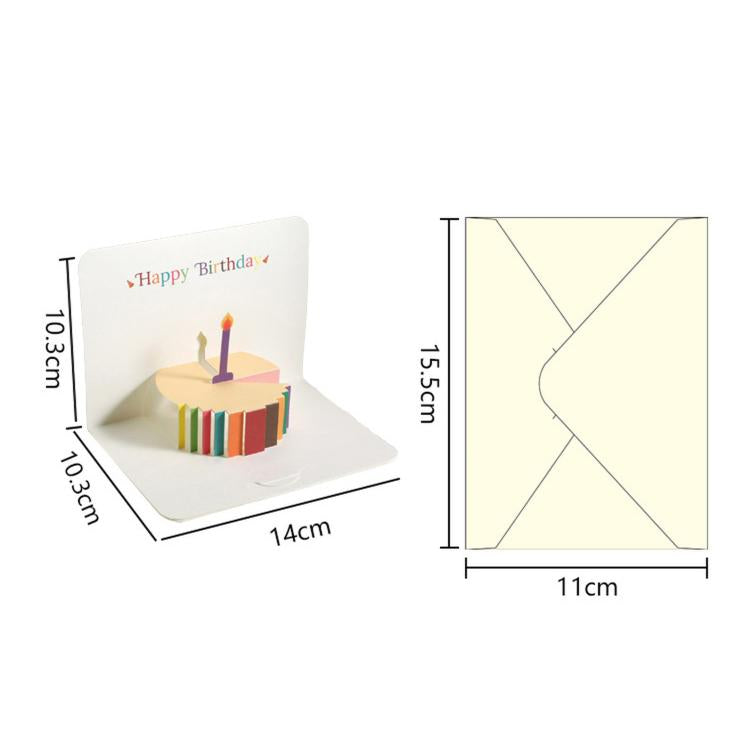 3D pop-up greeting card dimensions 14cm x 10.3cm x 1.15cm, cake front cover