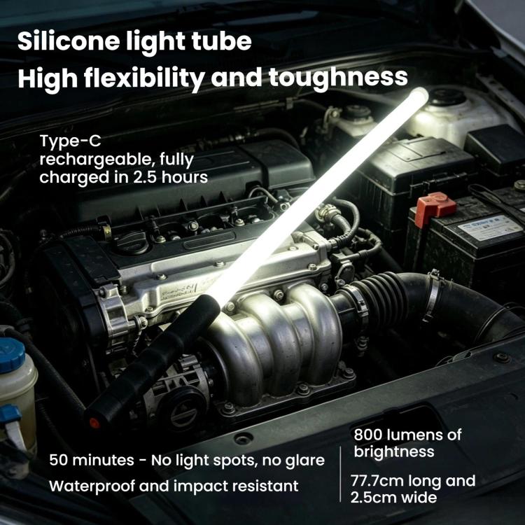 Black LED silicone light tube on car engine bay, long bright white beam
