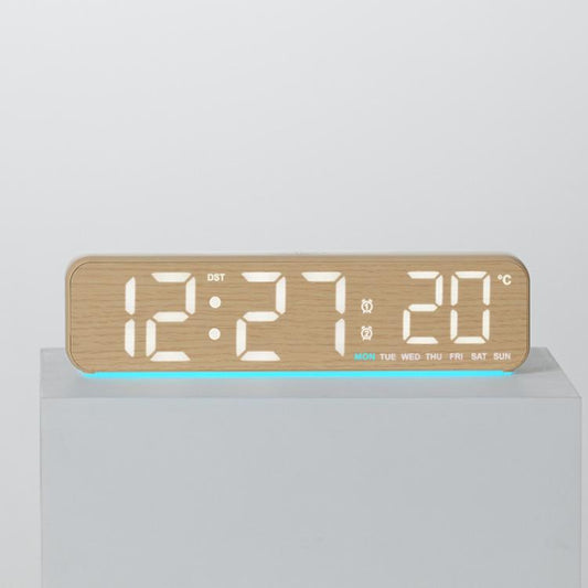 Yellow wood grain LED desk clock with blue edge light and digital time display