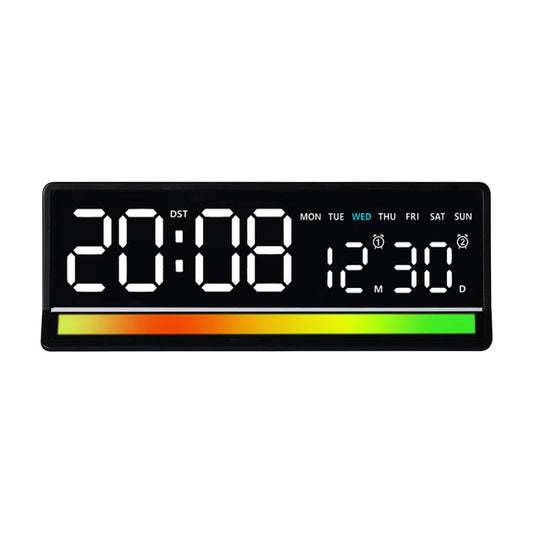 Digital alarm clock with large LED display, black case, white time digits and date/day