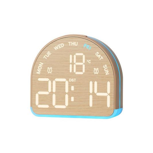 LED digital alarm clock with wood-grain case, LED time and temperature display, blue light edge