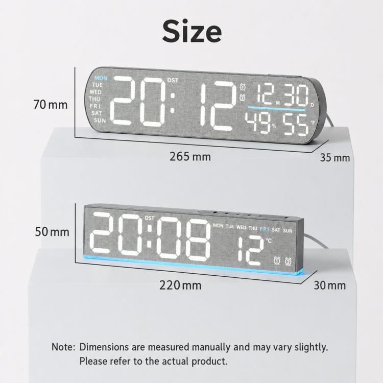Digital alarm clock showing time, date, and temperature on dual LED displays