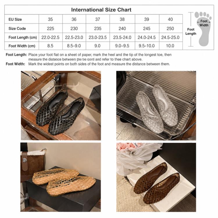 International size chart for jelly flat sandals, EU sizes 35–40 with foot lengths