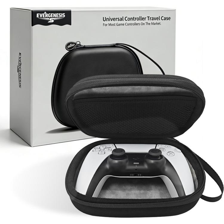 Black universal controller travel case with open lid and side wrist strap