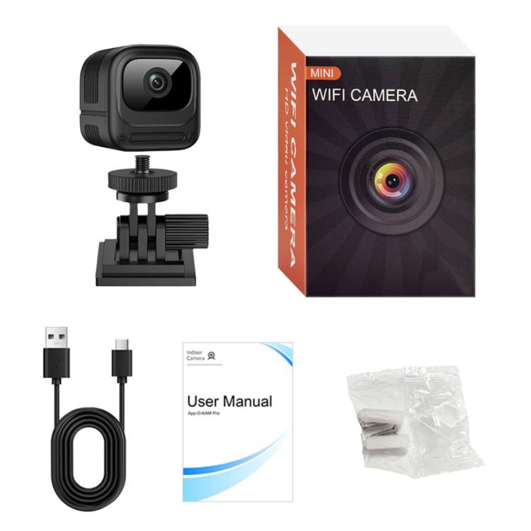 Mini WiFi camera with adjustable mount, USB cable, manual, and box