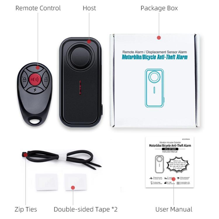 Wireless vehicle anti-theft alarm set with remote, host, zip ties, tape, and manual