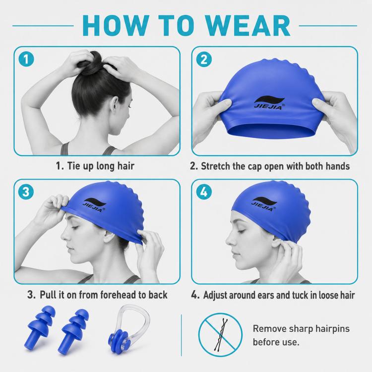 Blue silicone swimming cap being worn; hands stretch and adjust around ears