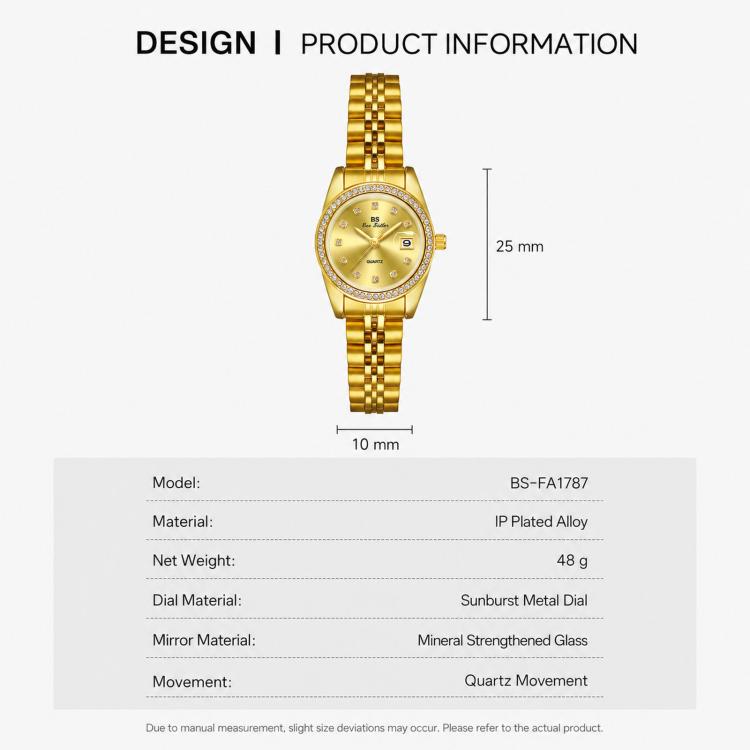 Women's gold-tone analog wristwatch with rhinestone bezel, bracelet band, date calendar