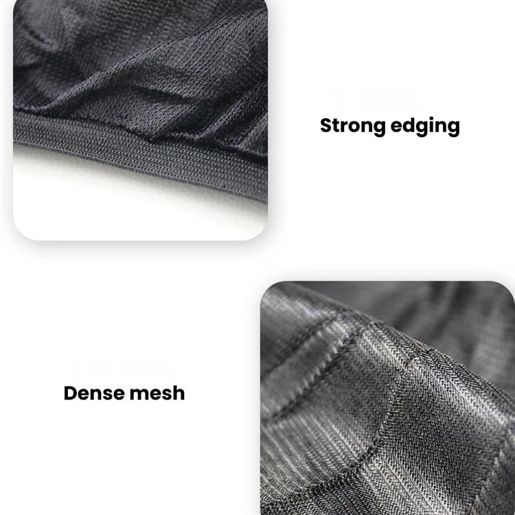 Close-up of dense gray mosquito mesh fabric with strong edging for a car sunshade