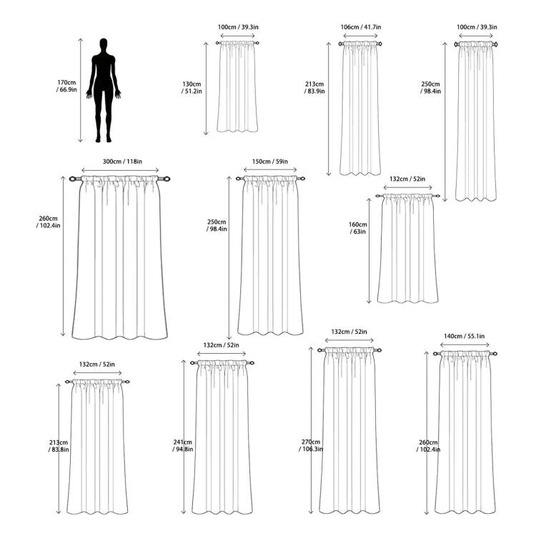Curtain size chart diagram showing multiple panel heights and widths