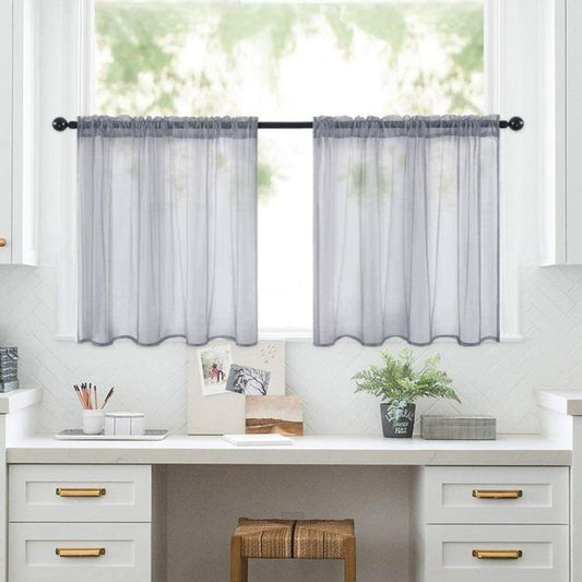 Sheer gray cafe tier curtains set with rod pocket, two panels on a rod