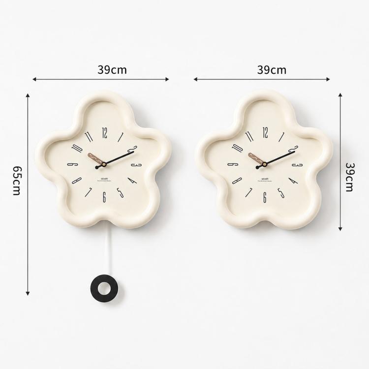 Cream flower wall clock with black hands; size shown as 39 cm by 65 cm