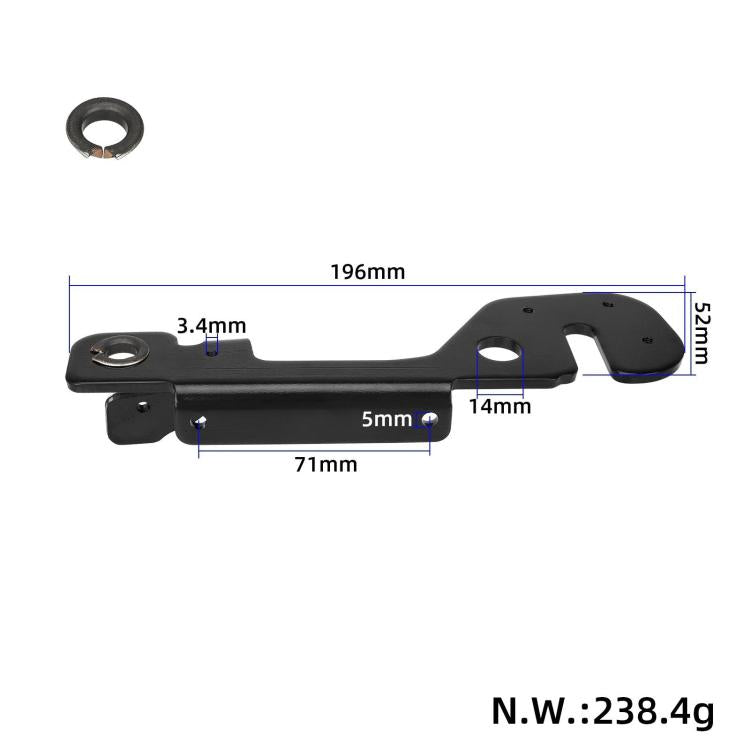 Black scooter swing arm bracket with dimension labels: 196mm and 71mm.