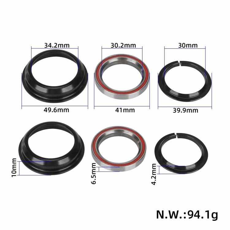Headset steering bearing kit with black seals and silver bearings with red trim, assorted sizes