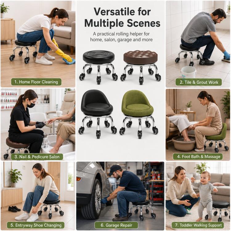 Low rolling stool with wheels used in multiple home tasks, tiles, garage, and care settings