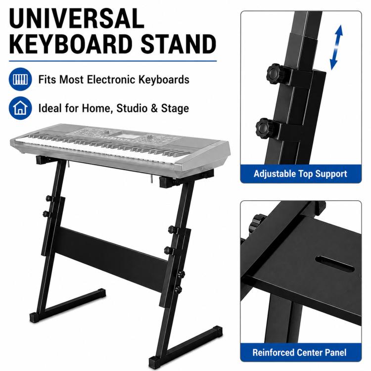 Universal keyboard stand with adjustable top support and reinforced center panel