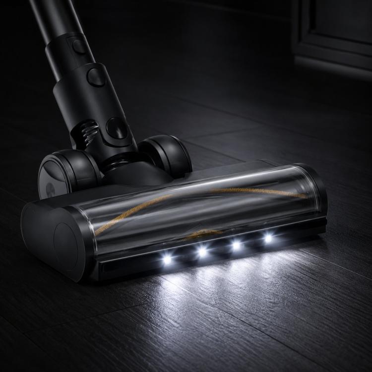 Motorized floor brush head with LED lights on base, clear roller, black housing
