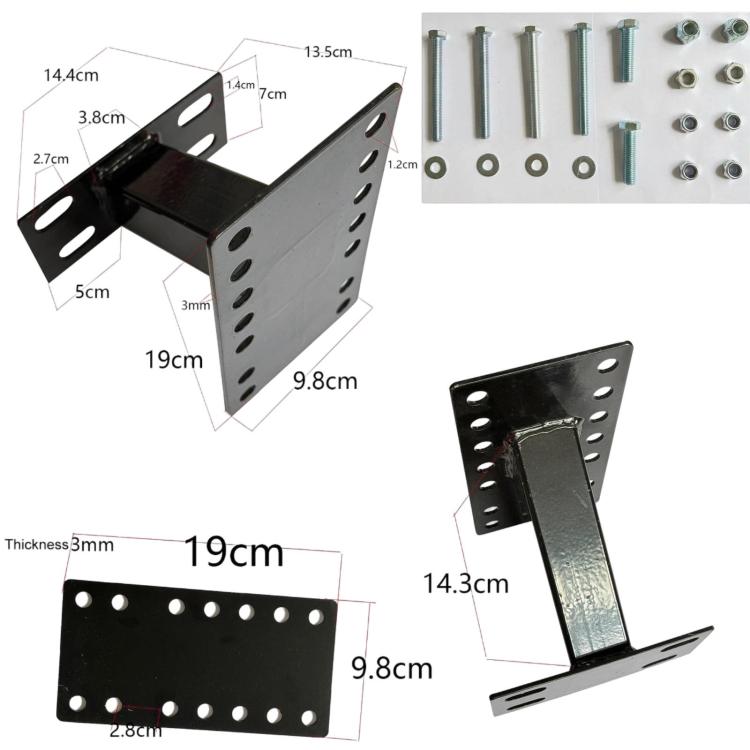 Black metal spare tire carrier bracket kit with base plate, hooks, and hardware