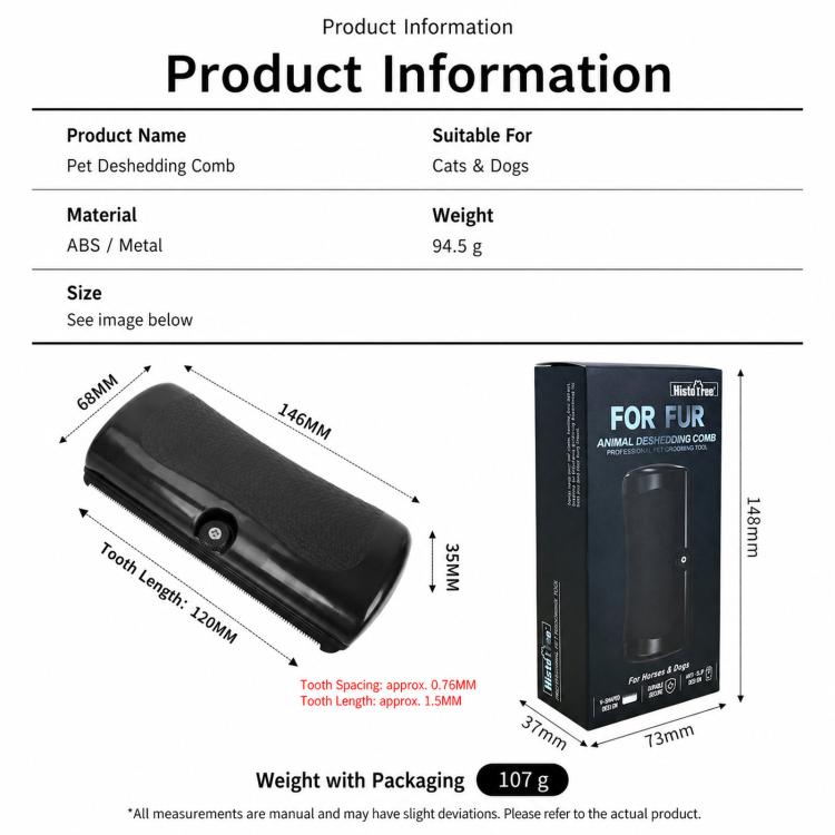HistoTree animal deshedding comb packaging and size diagram