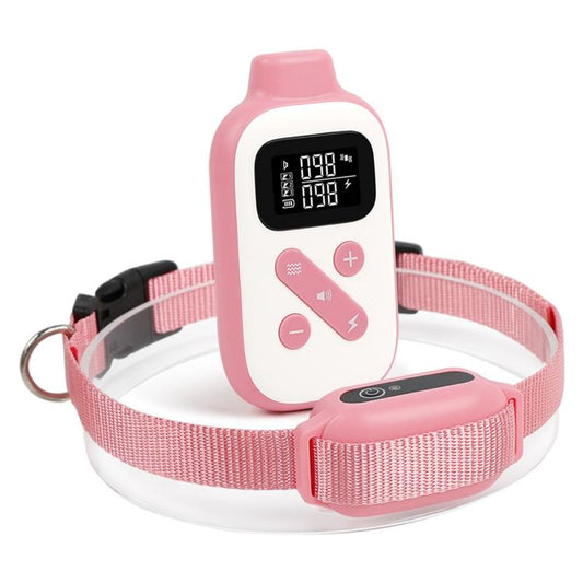 Pink dog training collar set with touchscreen remote and adjustable fabric strap
